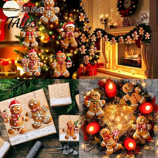 Christmas Gift Wrapping Accessories Gingerbread Man Wooden Ornaments, Cute Xmas Tree Fireplace Ornament Set Hanging Decoration for Holiday Party