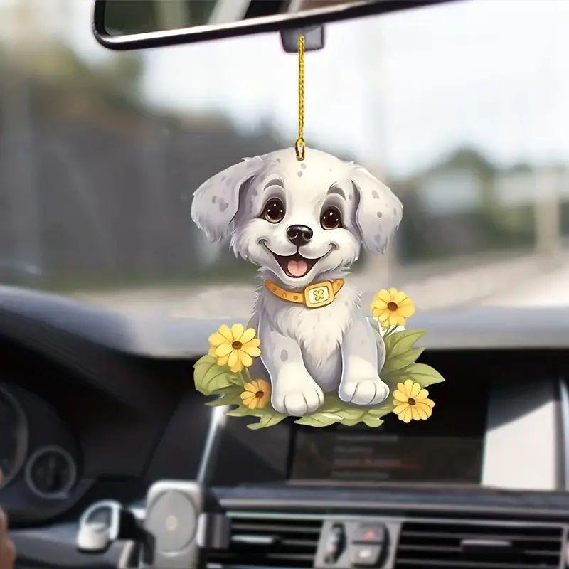 Flower Adorable Yellow Acrylic Dog Pendant Charming Car Interior Piece Decoration
