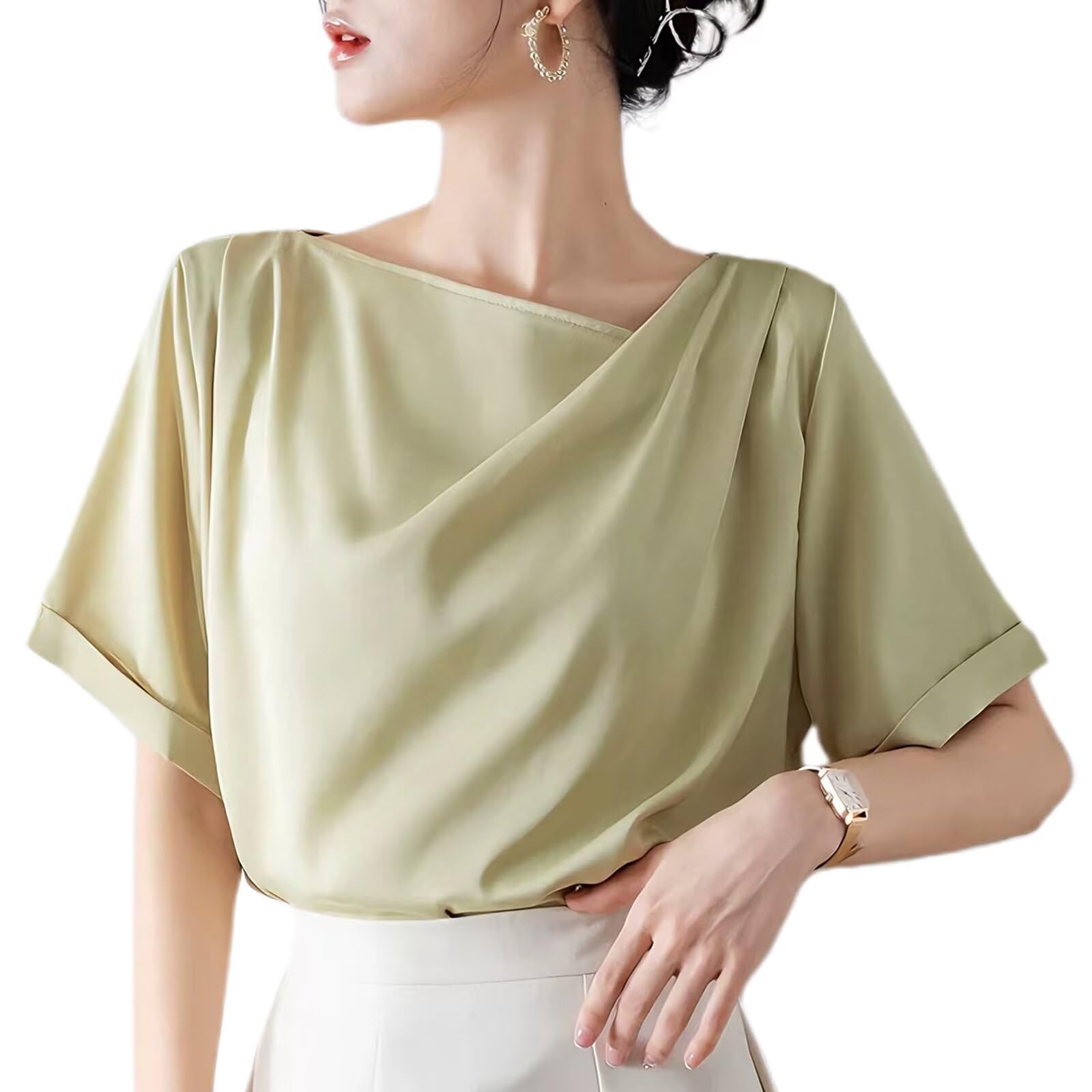 

Крутая к короткому крою и драпированному свободному силуэту для поездок на работу [Тихая волна] Женская футболка, на ощупь, рукав, Лето, Топ, сшитый, горловина, посадка, Стройнящий, прикрывающий, зелёный