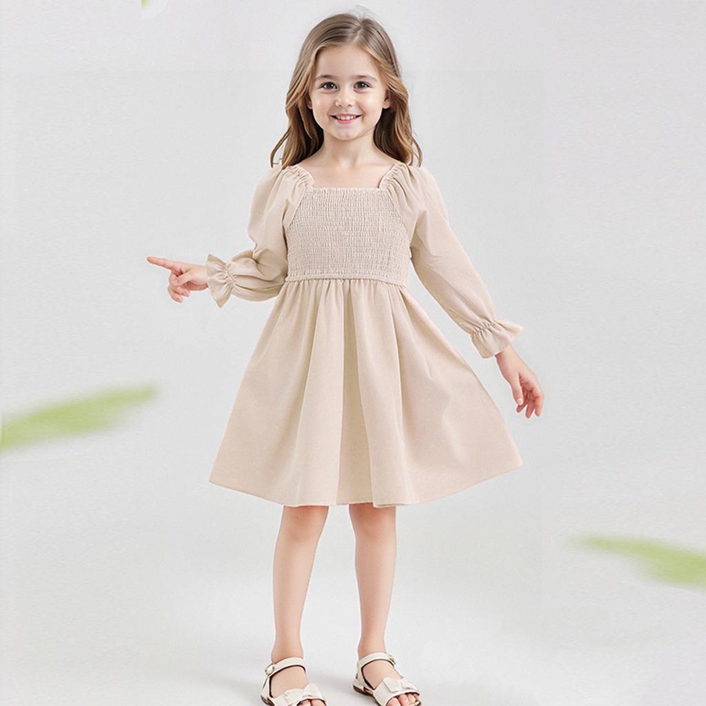 Girls' Fashion Cute Solid Color Square Neck Sleeve Ruffled High-Waisted Lace-Trimmed Full-Skirt Dress
