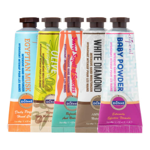 

Difeel Family Set 53 Natural Hand Cream 40g x 5 pieces Egyptian Musk, Baby Powder, Olive, Sweet (Cherry Scent), Diamond (Oriental Scent) New York