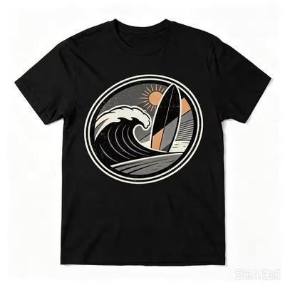Vintage Surf Wave Sun Graphic Men T‑Shirt Retro Surfboard Circle Badge Casual Short Sleeve Tee