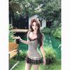 Black sleeveless v-neck dress children's early spring new design sense niche slim-fit hip-wrapped short skirt set