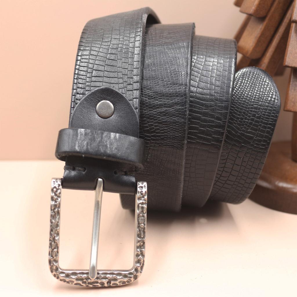 3.8CM Men's Belt Genuine Leather Belt Casual Retro Burst Needle Buckle Shiny Front Layer Cowhide Lazy Belt