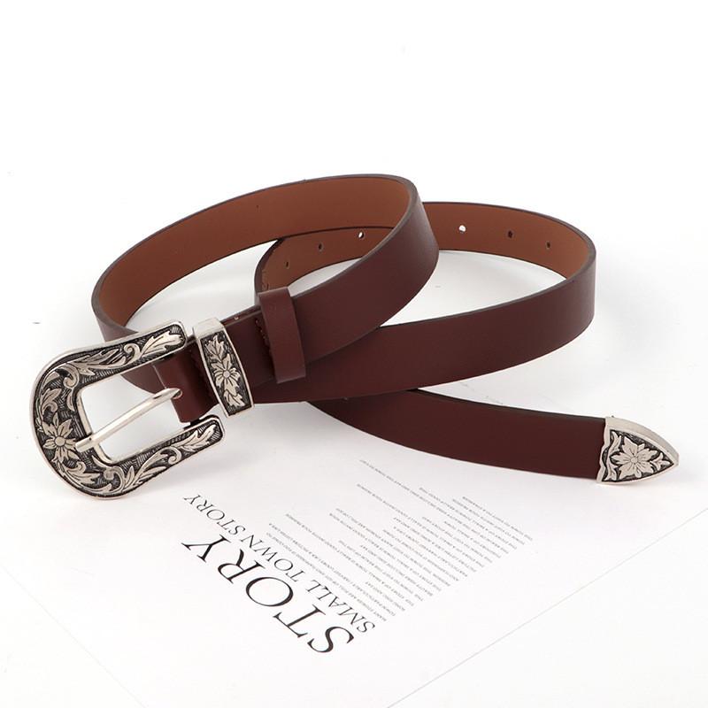 Pu Waistband Leather With Metal Pin Buckle And Carving Design Womens For