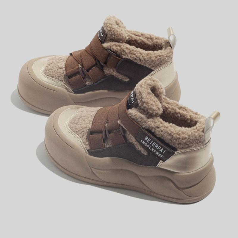 Women's High-top White Fleece Sneakers New Winter Casual Shoes Warm Cotton-padded Shoes Round Toe Snow Boots