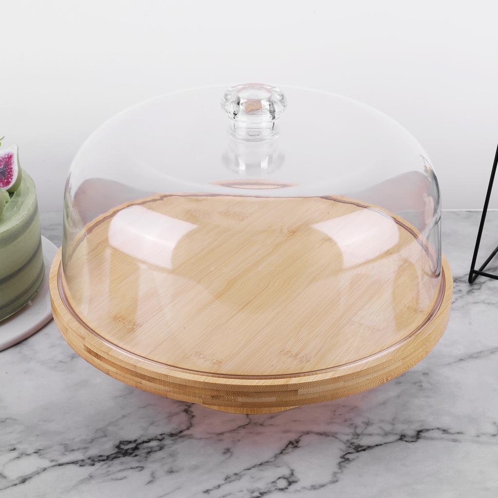 Wood Cake Plate with Clear Dome Lid Non-slip Pastry Stand Wooden Pedestal Stand for Cheese Chips Fruit Platter