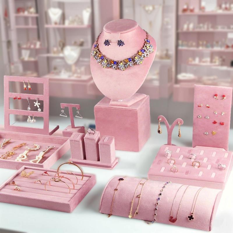 Jewelry Display Stand - Pink Velvet Showcase for Necklaces, Rings, and Accessories