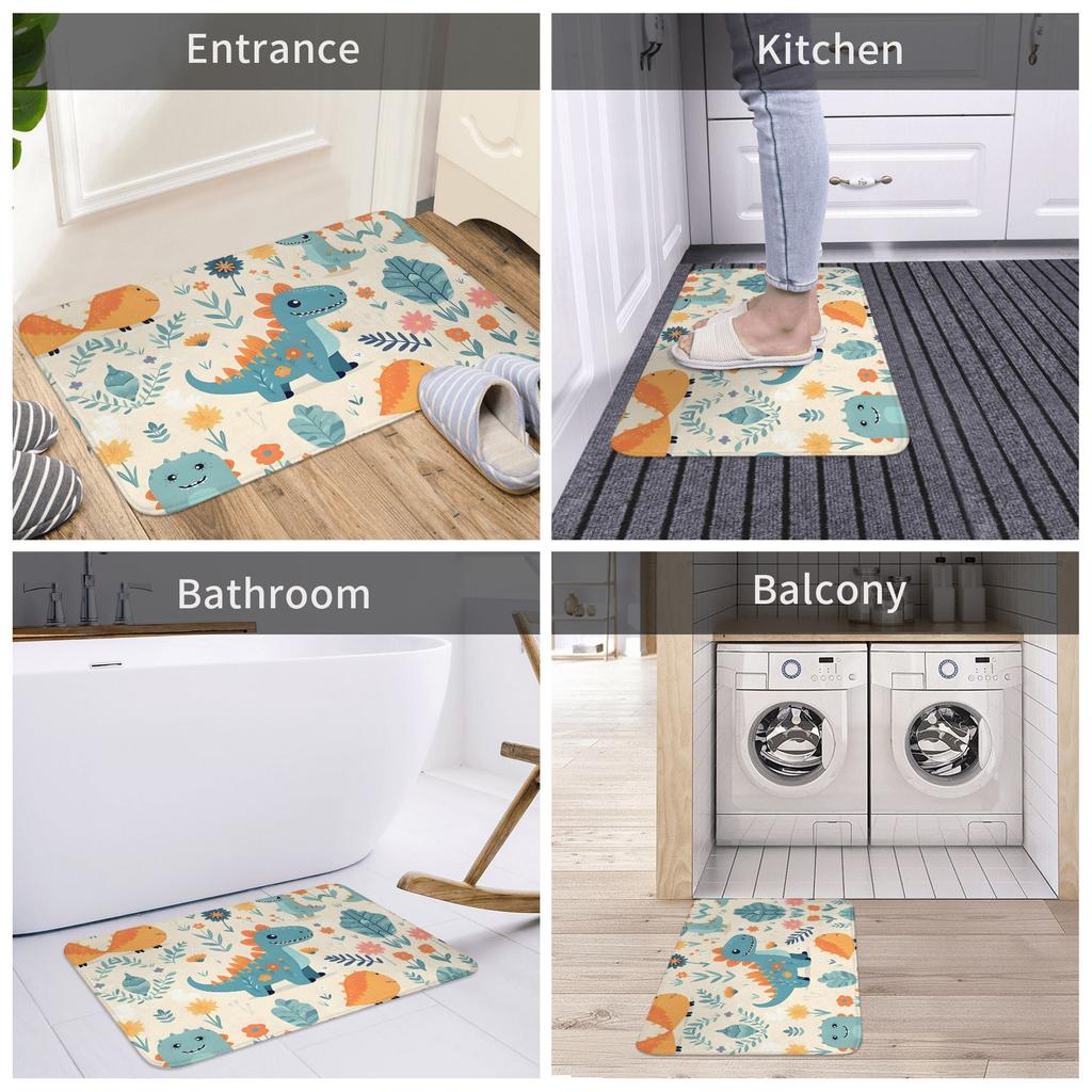Dinosaur Floral Print Doormat Cream Blue Orange Illustrated Polyester Machine Washable Cold Water Only 80x50cm