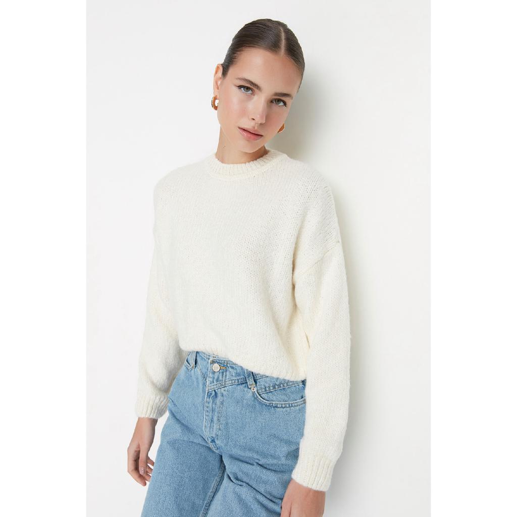 Ecru Wide Fit Weicher, strukturierter Basic-Strickpullover Twoaw23kz00185