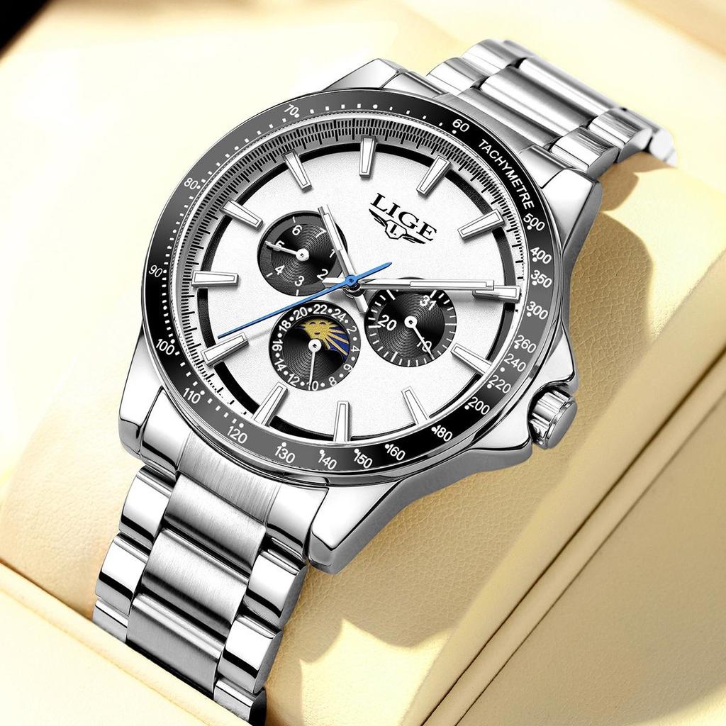 LIGE Unique Dial Quartz Man Watch Stainless Steel Business Luxury Clocks 24-Hour Moon Phase Waterproof Date Week Watches