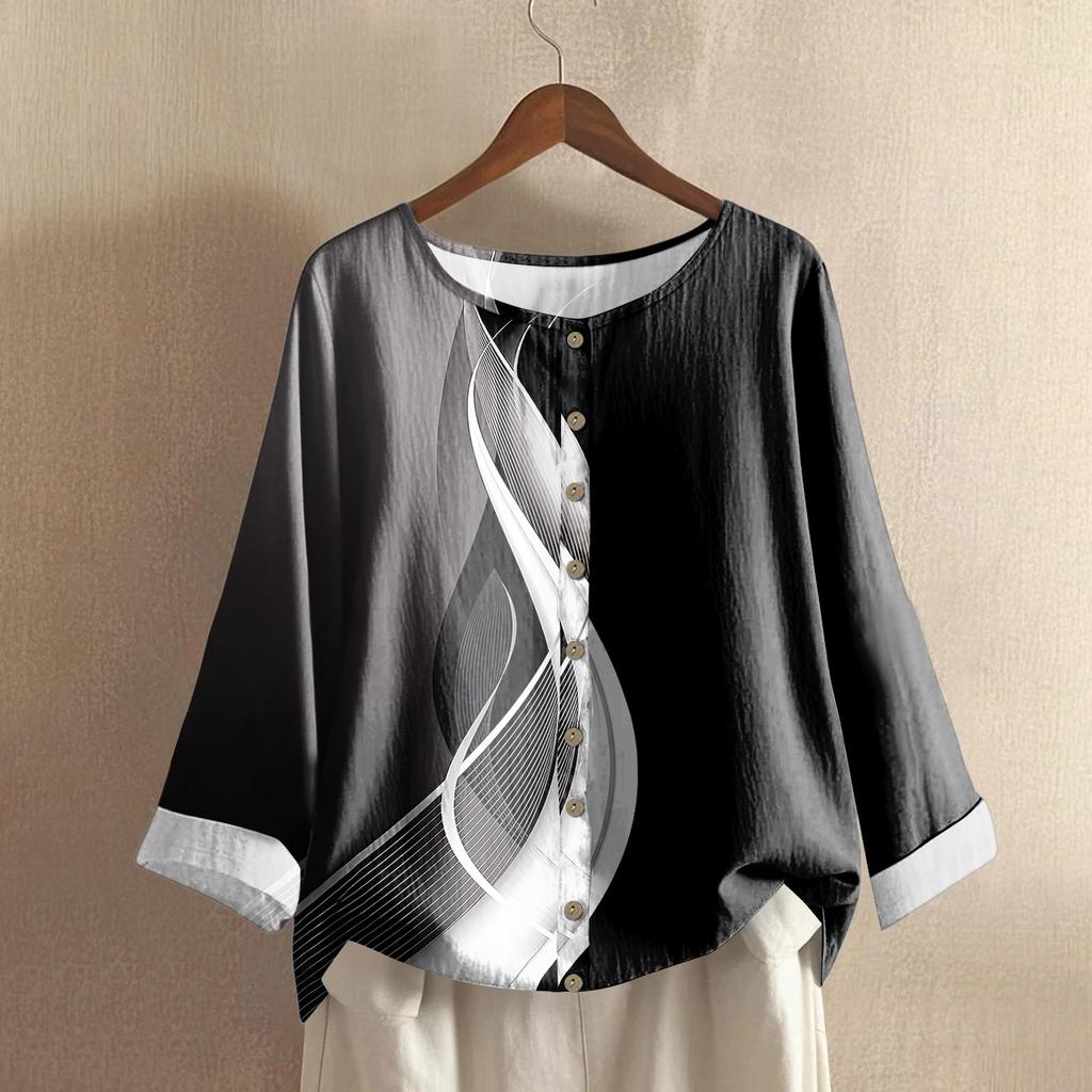 Women's Casual Long-sleeved Round Neck Retro Geometric Print Cotton And Linen Top