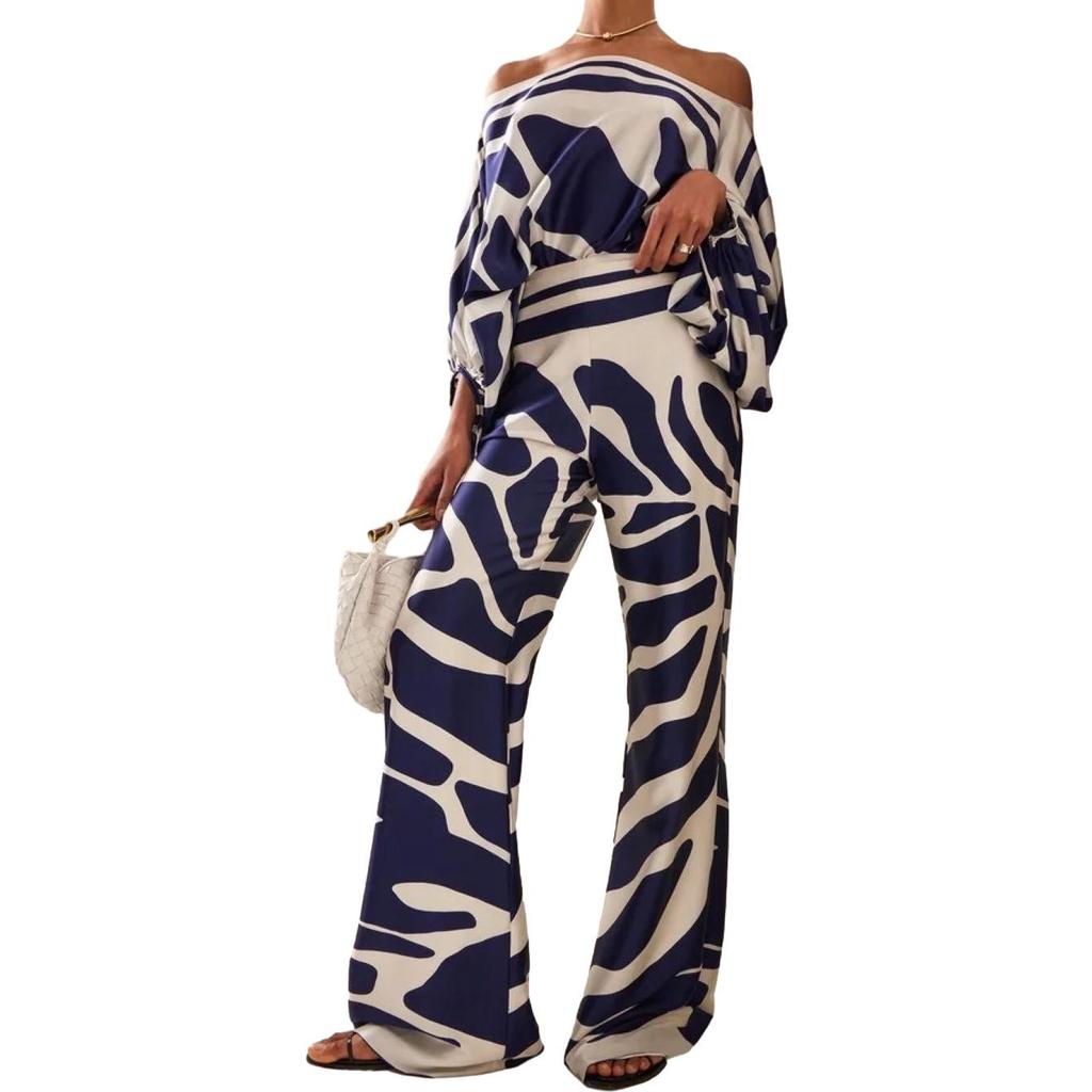 D9713 Women's Casual Satin Print One-Shoulder Top & Long Pants Two-Piece Set