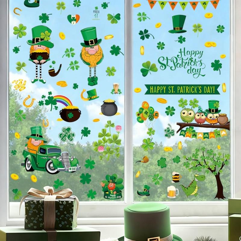 PVC-dekal Klistermärken St Patrick's Day Dekorationer Klistermärken med Klöver Småfolk Design för Fönster Spegel Glasdörr Dekorer