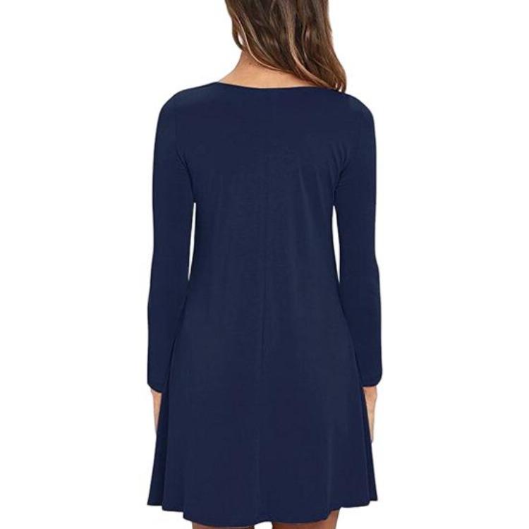 Pure Color Fall Spring Long Sleeve Mini Dress Round Neck A-line Loose Big Hem Pockets