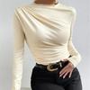 Semi High Neck European American Style Solid Color Slim Fit Base Layer Shirt Versatile Gather Detail Design Long Sleeve T Shirt Women Top