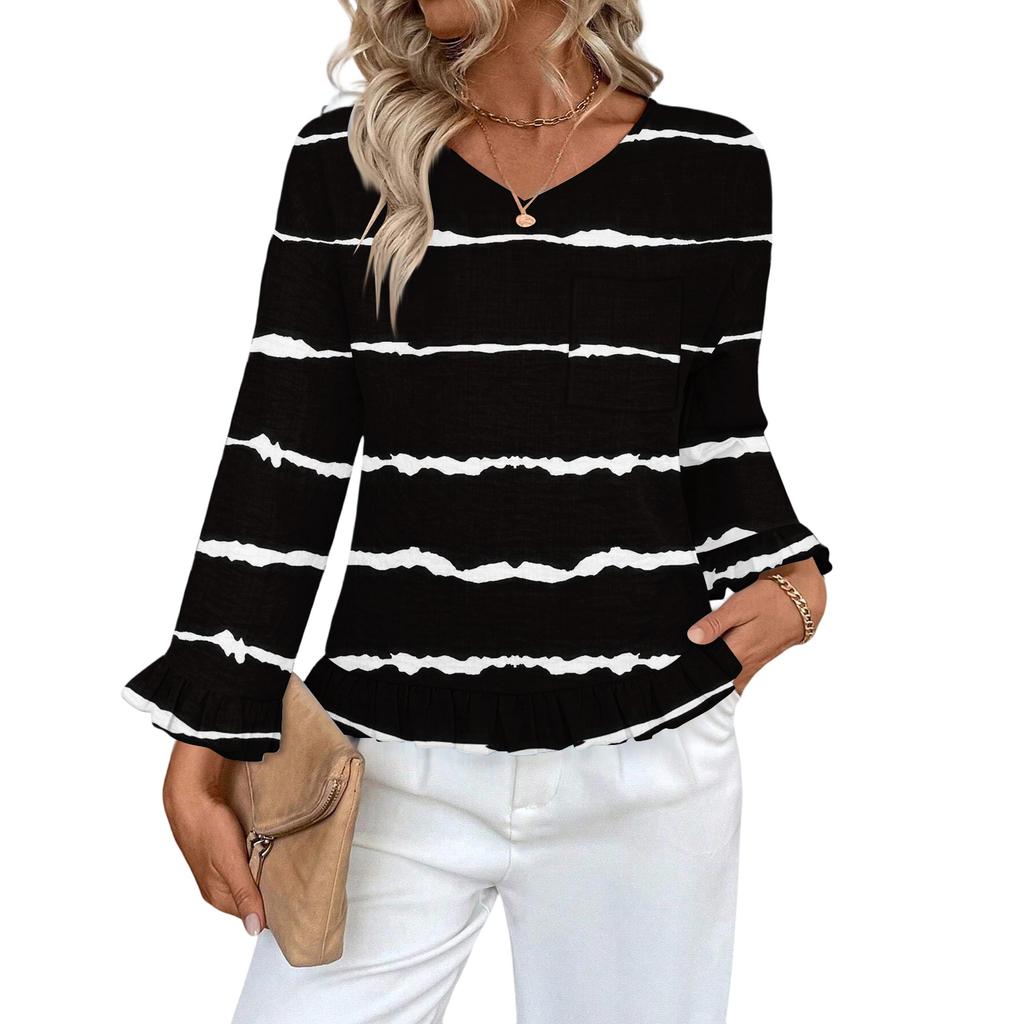 Dámský ležérní módní top s volánky, výstřihem do V, potiskem a dlouhým rukávem