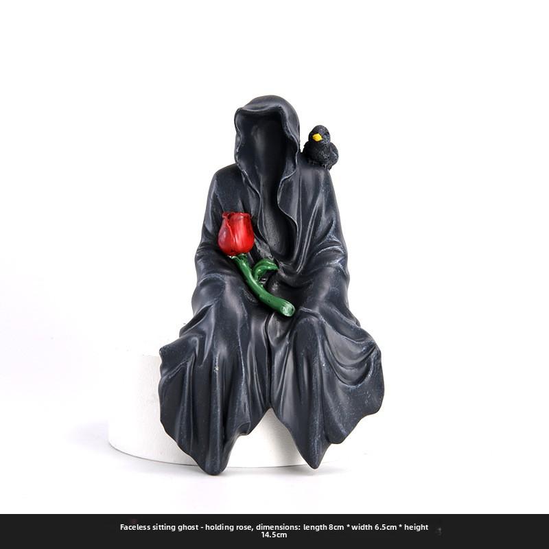 Halloween Black Robe Figurine - Black-faced Ghost for Home, Table, Car Decoration, Resin Small Halloween Decoration