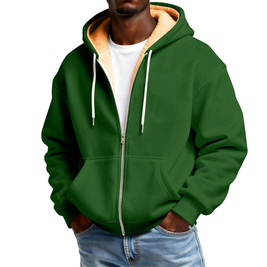 Men's Solid Color Fleece-Lined Zip-Up Pocket Hooded Sweatshirt Cardigan Men's Casual Sweatshirt Cardigan