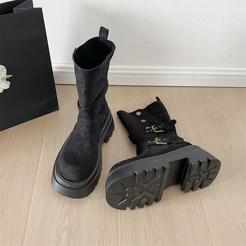 Black Retro Thick Heel Platform Martin Boots Women's 2025 New Spring and Autumn British Style Thin and Heightened Medium Boots