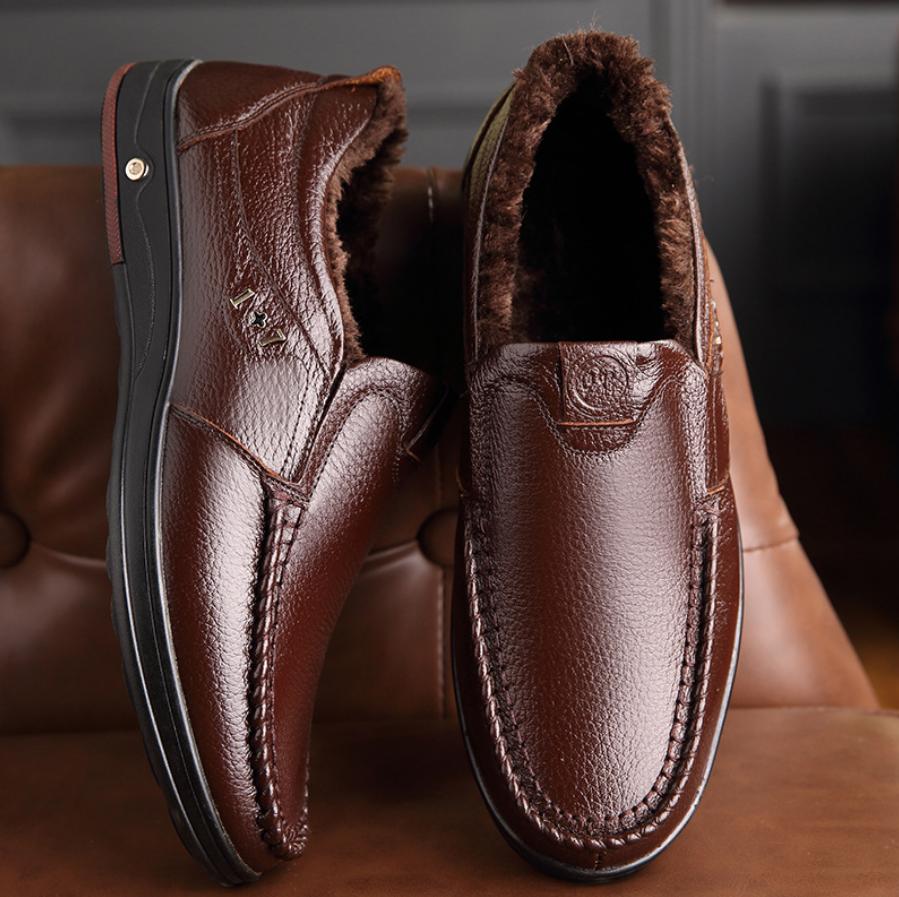 Fashion Fashion Genuine Leather Shoes Men Casual Plush Snow Boots Luxury Mens Loafers Moccasins Breathable Slip on Driving Warm Shoes