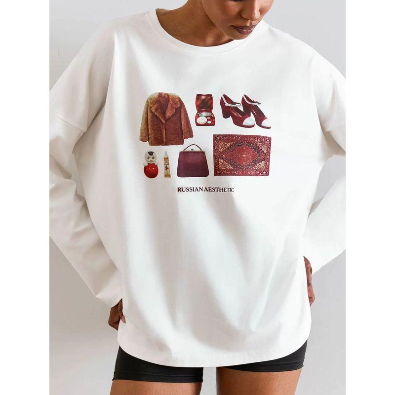 New Fashion T-shirt European and American New Fashion Casual Loose round Neck Print Long sleeve Cotton T-shirt Top
