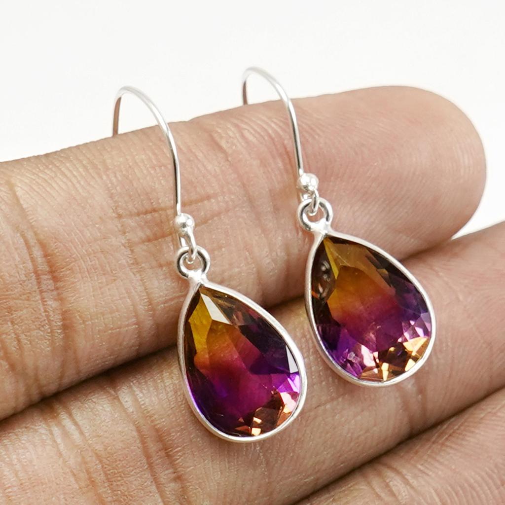 Ametrine Quartz Earrings, Bezel Earring, Handmade Earring, 925 Sterling Silver Teardrop Quartz Earrings, Gift for Her