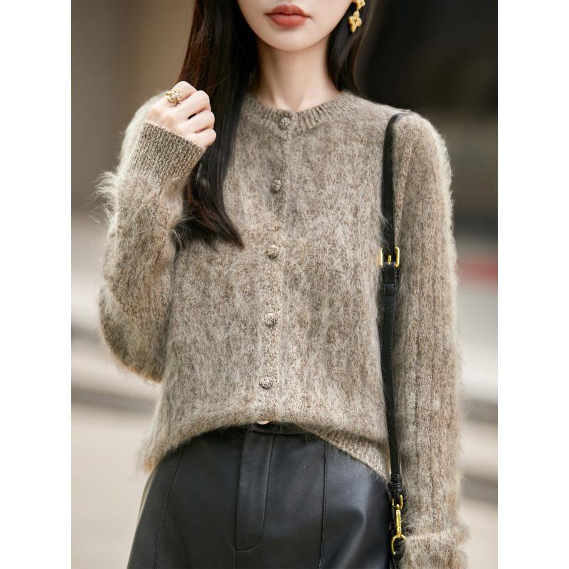 Pink Taro Cable Knit Wool-Blend Cardigan: 2023 Autumn/Winter Women's Long Sleeve Round Neck Sweater