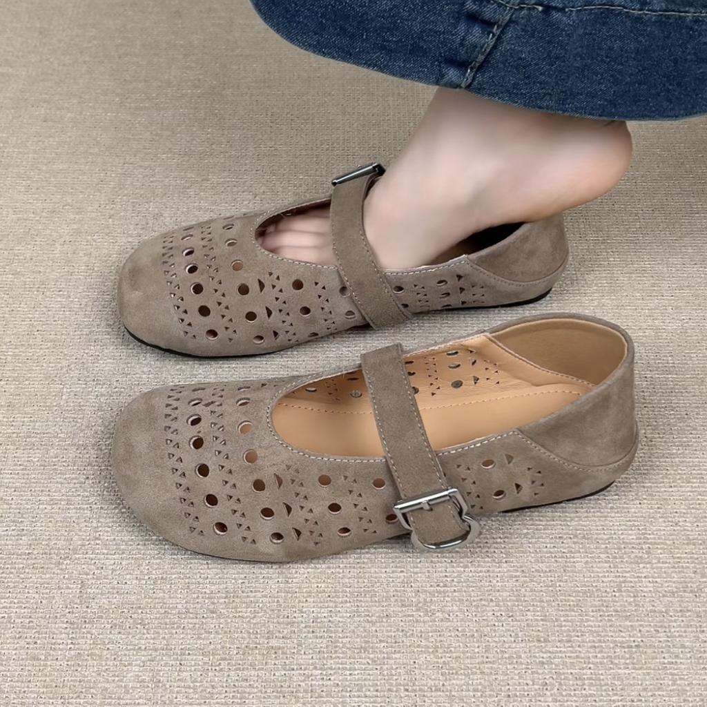 Sheepskin Version~ Korean Version of Round Head Hollow Hole Shoes Flat Bottom One-word Buckle Mary Jane Shoes Women's 2025 Spring and Summer Shoes
