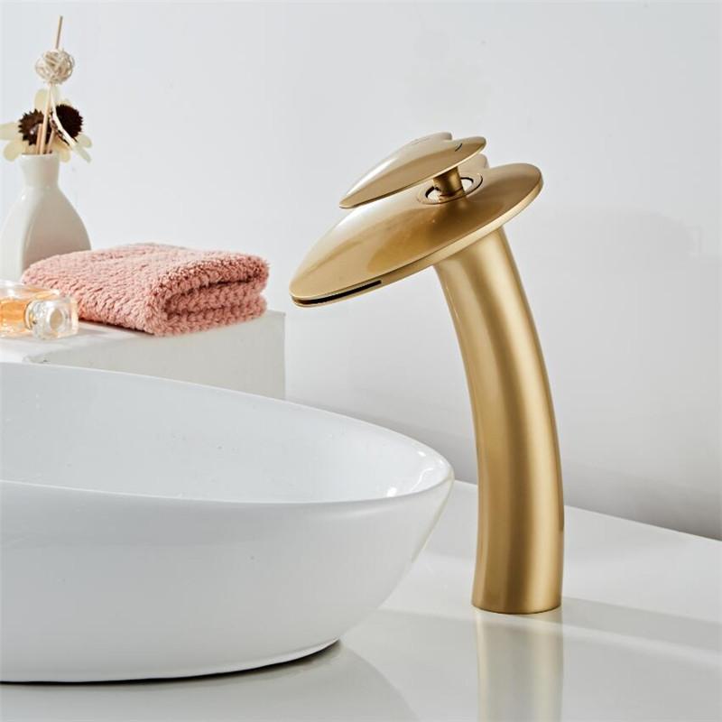 Basin Faucet Nickel Waterfall Faucet Brass Brushed Gold Bathroom Faucet Bathroom Basin Faucet Mixer Tap Hot and Cold Sink Faucet