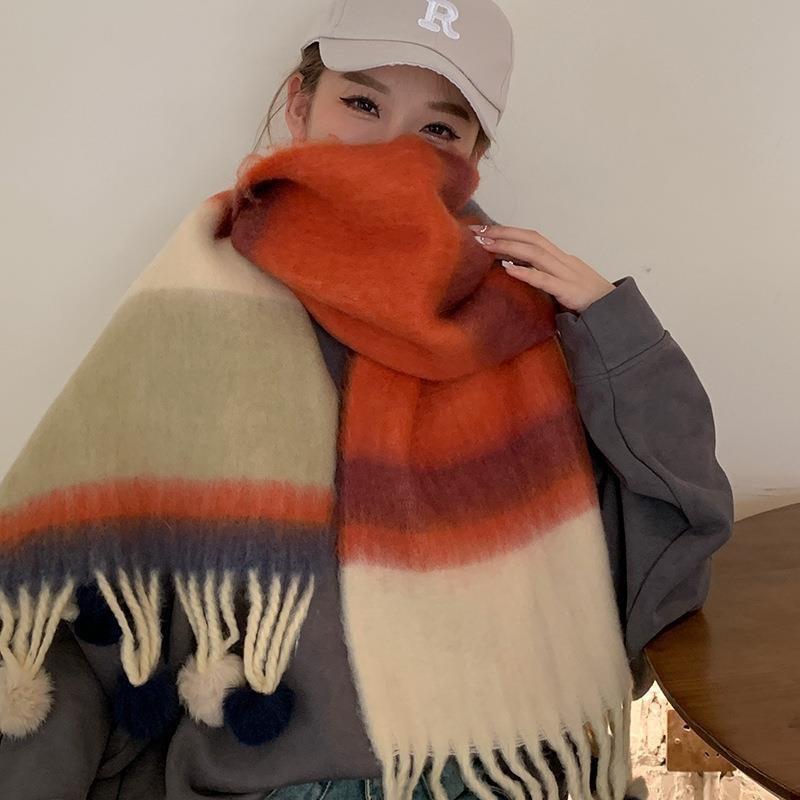 Dopamine Mohair Student Scarf Women's Autumn and Winter Trend Rainbow Striped Scarf Fur Ball To Keep Warm