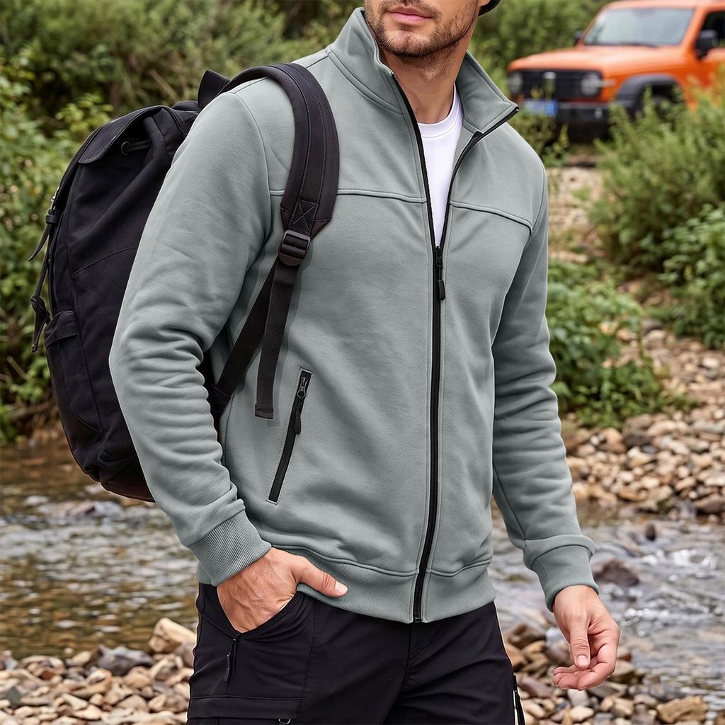Men's Long Sleeve Jacket with Stand Collar and Zipper Pockets for Outdoor Casual Wear in Fall Winter