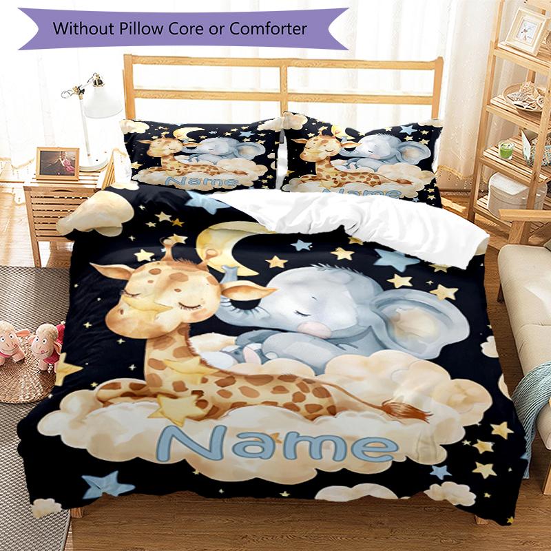 3pcs Custom Name Elephant Giraffe Bedding Set Duvet Cover Closure Includes 1 Duvet Cover & 2 Pillowcases, Soft and Comfortable for All Seasons.
