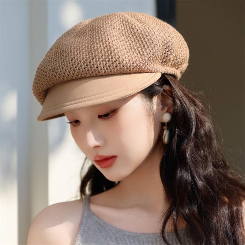 Ricygvm Summer Mesh Berets For Women Hollow Breathable Octagonal Cap Art Retro Pumpkin Hat Trendy Fashionable Girls Sun Protection Visors