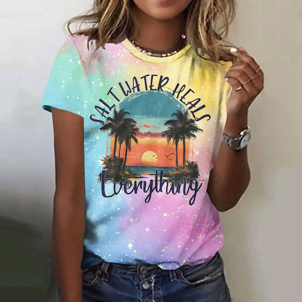 Summer Fruit Coconut Tree Gradient 3D Print Beach T-Shirts Short Sleeve O-Neck Women's T-shirts