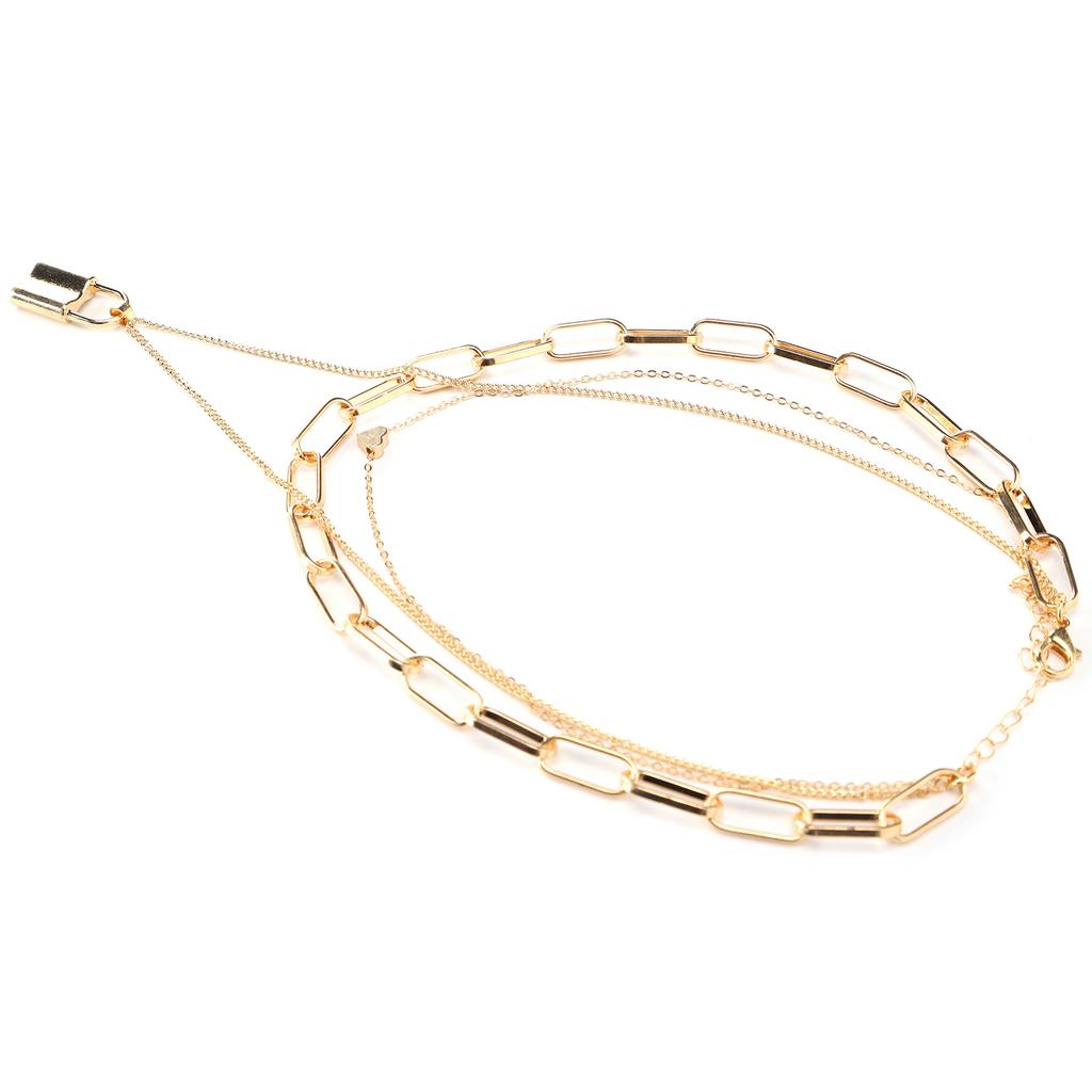Women Simple Layered Necklace Lock Heart Shaped Pendant Necklace Jewelry Accessory(Golden )