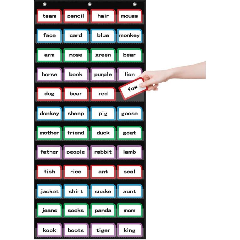 10”W x 48.25”H Classroom Words Pocket Chart with 12 Clear Pockets, Black Standard Pocket Chart for Classroom and Home for Sentence Strips, Reble
