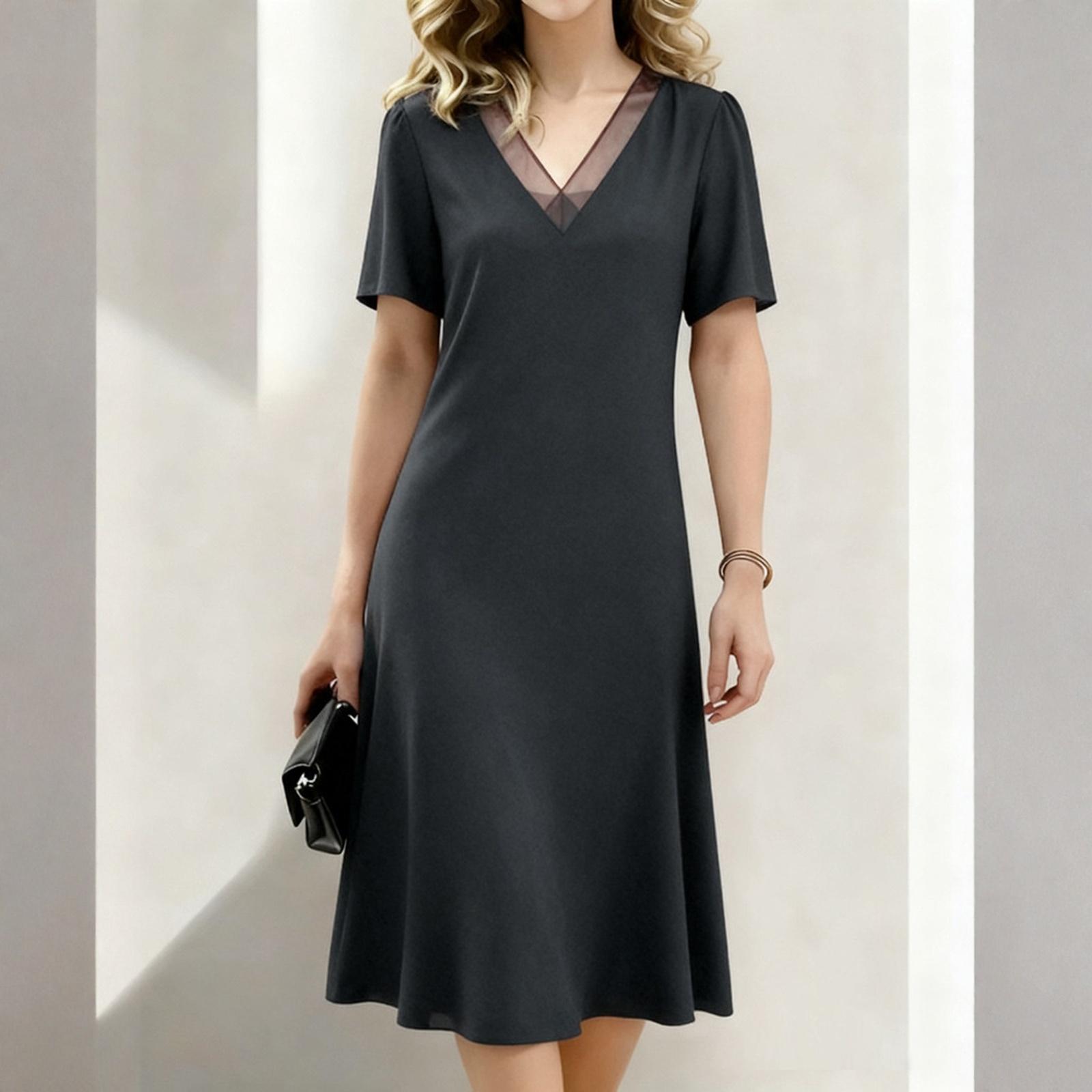 Fashionable Women s Loose V-neck Short Sleeved Dress, Mid Length Skirt L чёрный