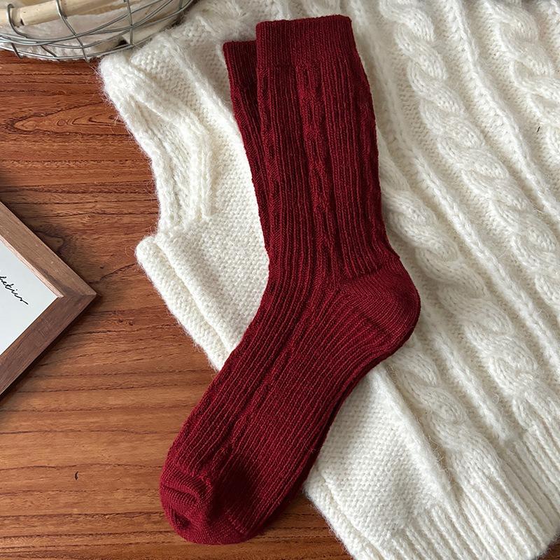 New Year's Wool Pile Socks for Autumn and Winter, Bright Red Warm Cartoon Embroidery Mid-calf Solid Color Striped Twisted Socks for Women