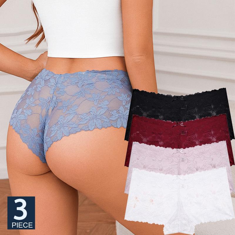 3ks/Sada Dámské Sexy Krajkové Kalhotky Průhledné Spodní Prádlo s Květinovými Listy V-Pas Boyshort pro Ženy Měkké Intimní Prádlo