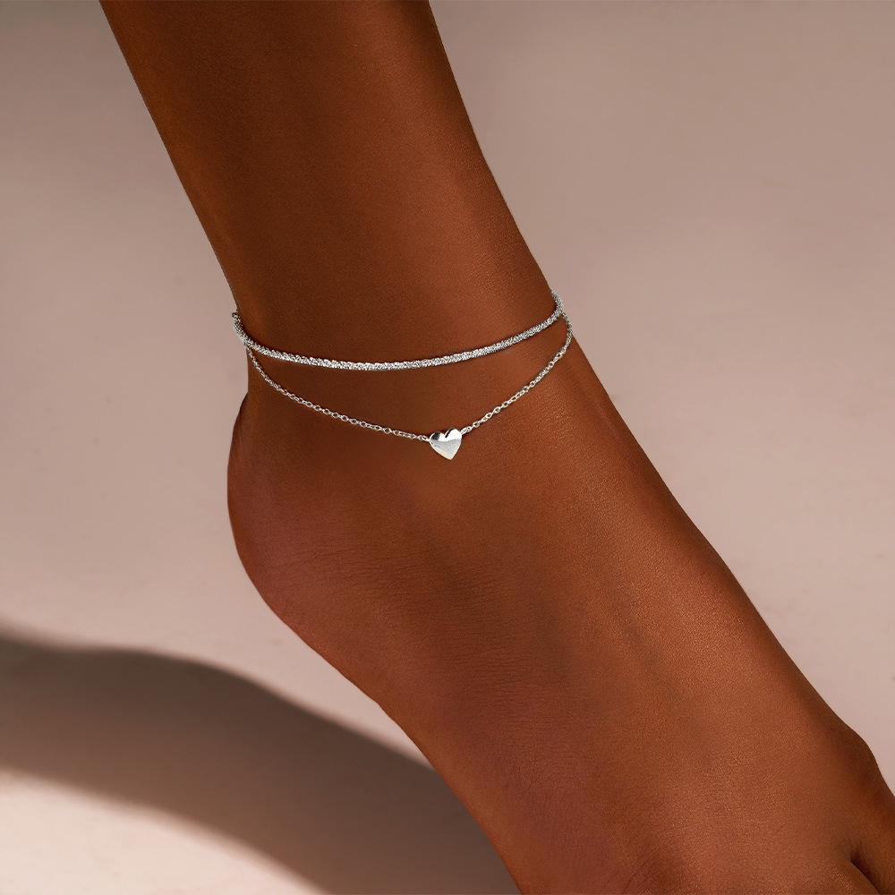 European-American Sparkling Double Layer Heart Pendant Anklet - Women's Multi-layer Beach Peach Heart Jewelry