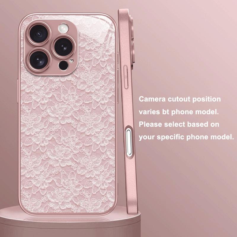 Pink Lace Pattern Pink Metallic Paint Tempered Glass Phone Case For iPhone 11 12 13 14 15 16 17 Pro Max Plus 16E 17Air Cover