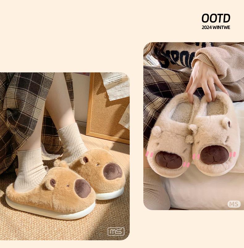 Women's Winter 2024 Capybara Plush Cotton Slippers - Warm, Thick, and Cute for Home Use