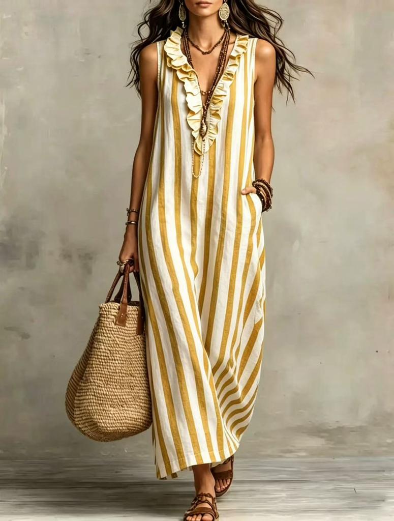 European and American cross-border women's clothing Amazon 2026 new bohemian temperament vertical striped V-neck pocket sleeveless long dress