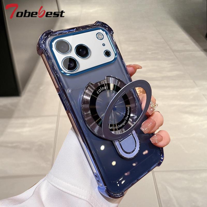 Clear Shockproof Plating Magnetic Magsafe Bracket Case For Iphone 17 Air 16 16E 15 14 Plus13 12 11 Pro XS Max XR Silicone Cover