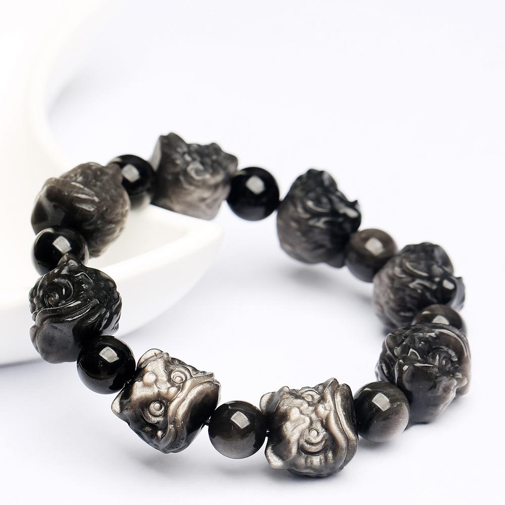 Hongchu Crystal Natural Silver Obsidian Lion Awakening Bracelet Obsidian Lion Awakening Carved Bracelet