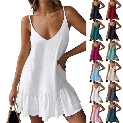 Women's Fashion Casual Solid Color V Neck Strappy Beach Dress (Adjustable Straps)