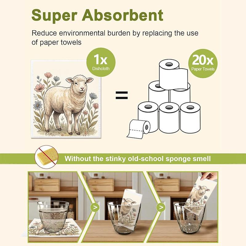 6PCS Kitchen Dishcloths Reusable Cleaning Dish Towels Absorbent Lint Free Cloth Washable Duster Rags Tea Towels Sheep Pattern Dishcloth