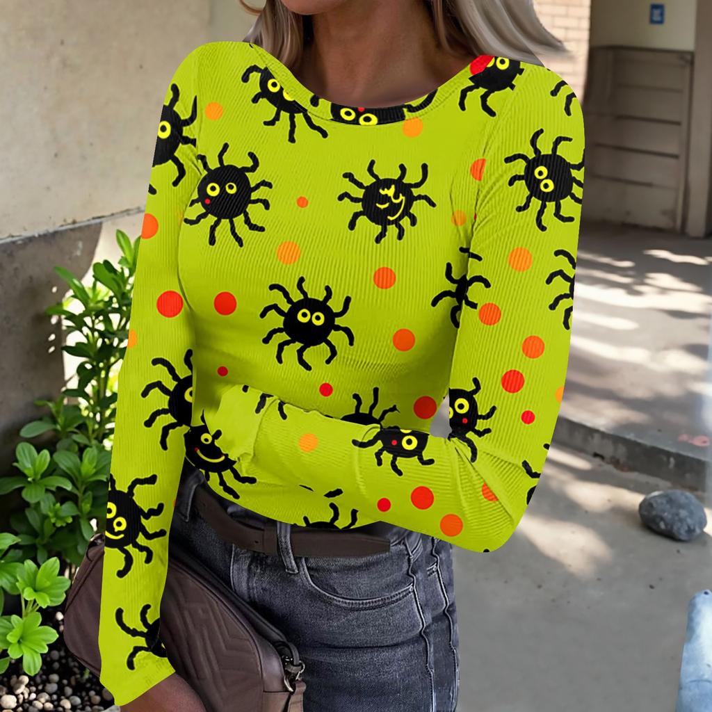Women Casual Long Sleeve Ribbed Top Halloween Pumpkin Print Round Neck Slim Fit Stretchy Shirt