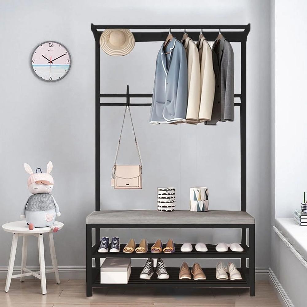 4-in-1 Coat Rack with Bench, Industrial Entryway Hall Tree with 2 Tier Shoe Rack,Black